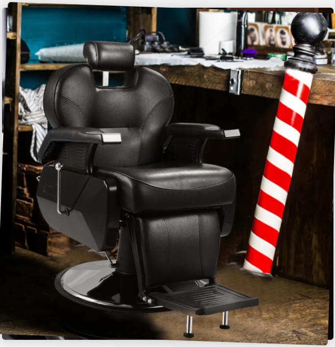 Black barber chair in a barbershop setting